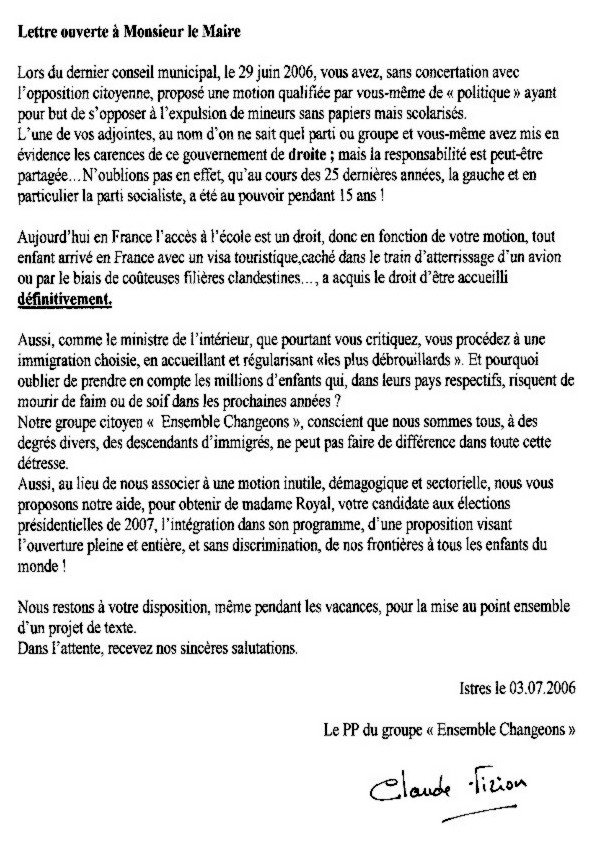 La lettre ouverte de Claude VIRION........
