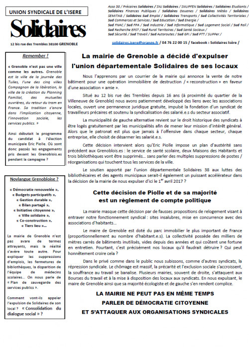 La mairie (EELV-PG/France insoumise) de Grenoble a décidé d’expulser l’UD Solidaires de ses locaux