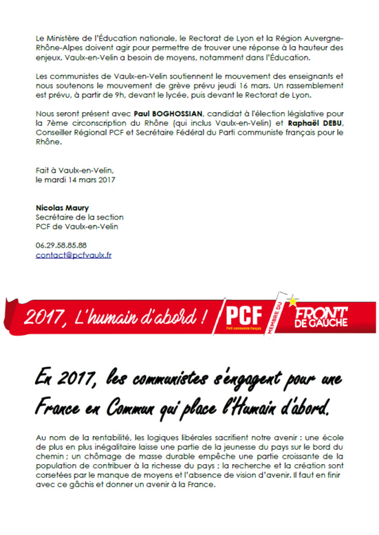 Plus de moyens pour le lycée Robert Doisneau à Vaulx-en-Velin (PCF)