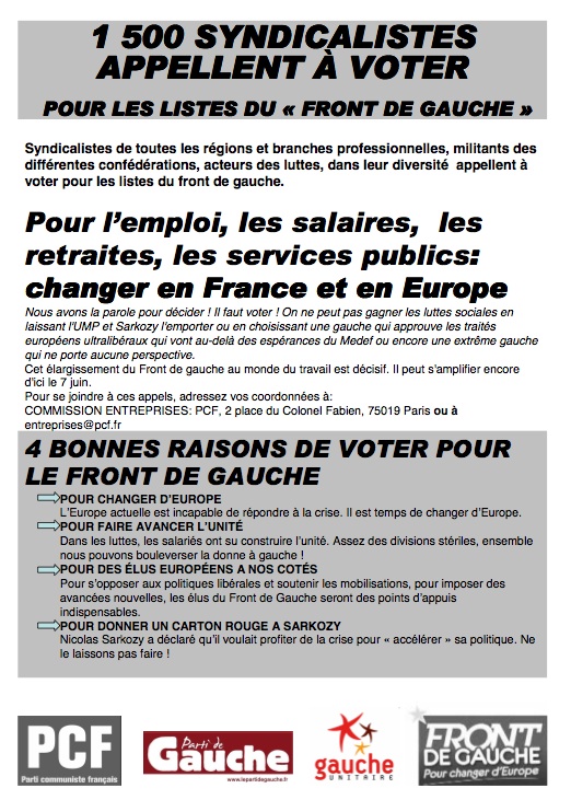 1 500 syndicalistes appellent à voter : Pour les listes du Font de Gauche