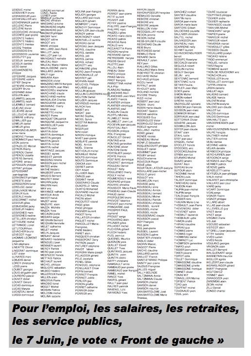 1 500 syndicalistes appellent à voter : Pour les listes du Font de Gauche