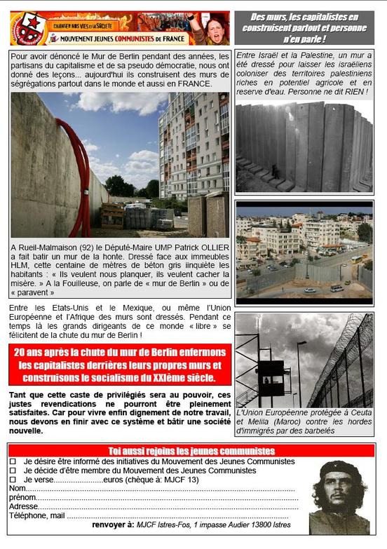 Le 9 novembre 1989 le mur de Berlin tombait ; Le 9 novembre 2009 enfermons les capitalistes derrière des murs !