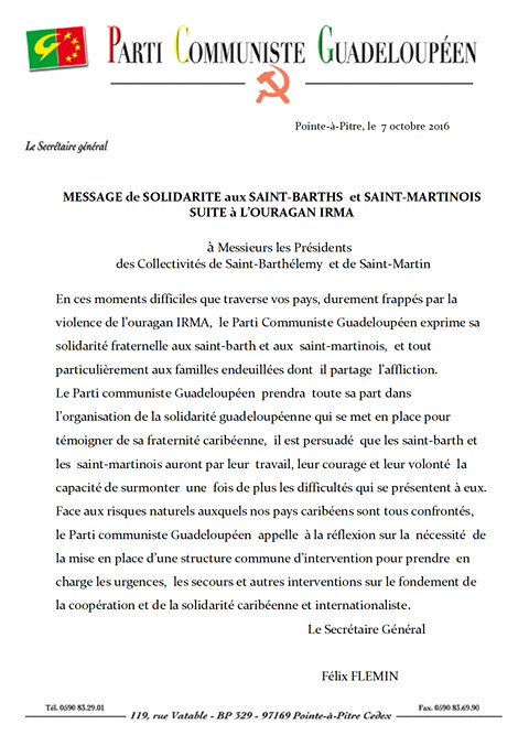 Le PCG organise la solidarité pour les victimes de l’ouragan Irma