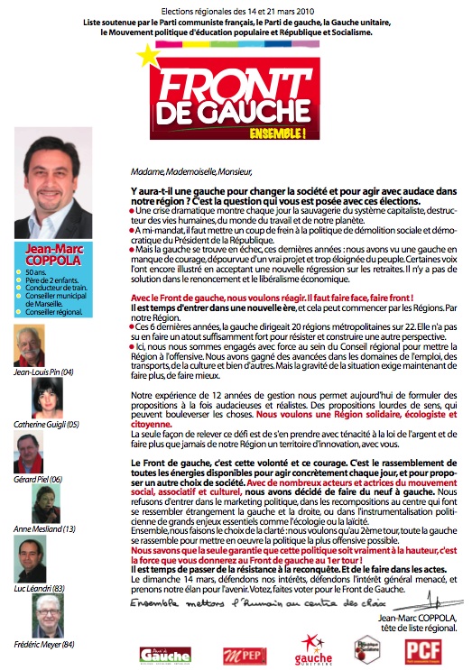 Elections régionales 2010 : La circulaire de la liste du Front de Gauche