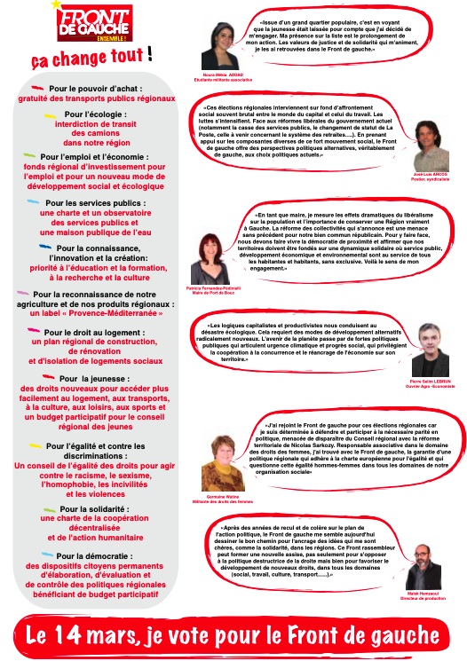 Elections régionales 2010 : La circulaire de la liste du Front de Gauche