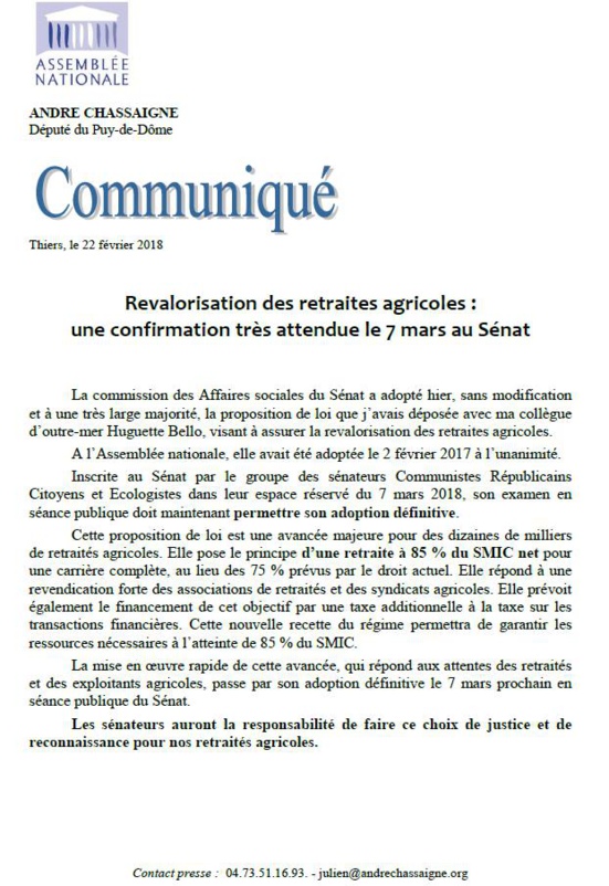 La loi de revalorisation des retraites des agriculteurs (votée par l'Assemblée nationale en 2017) passe devant le sénat