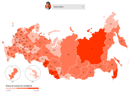 Vladimir Poutine réélu (76,66%) aura comme opposant le communiste Pavel Groudinine (11,80%)