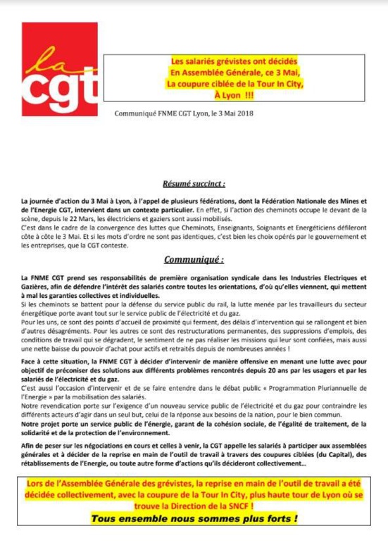La CGT énergie coupe l'électricité dans la 