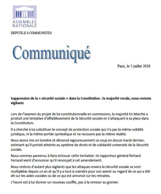 La majorité recule sur la suppression de la Sécurité Sociale dans la Constitution (député.e.s communistes) La majorité recule sur la suppression de la Sécurité Sociale dans la Constitution (député.e.s communistes)