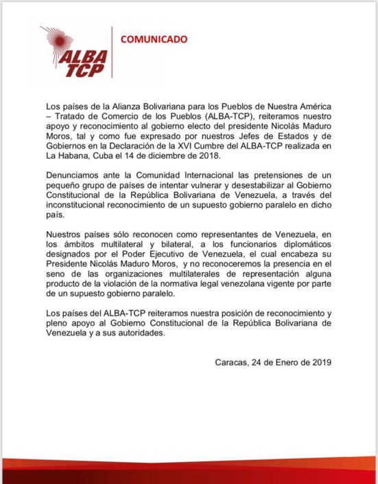 ALBA-TCP réitère son soutien au gouvernement du président Maduro