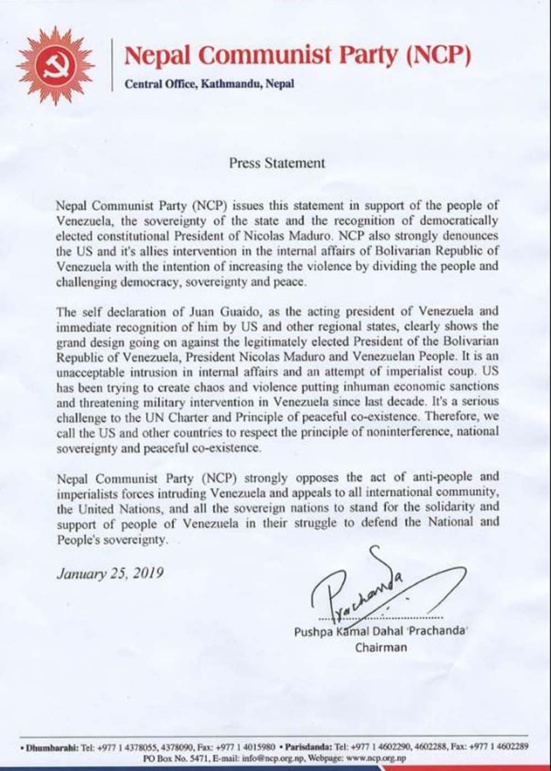 Le Parti Communiste Népalais (NCP) condamne le coup d'état impérialiste au Venezuela