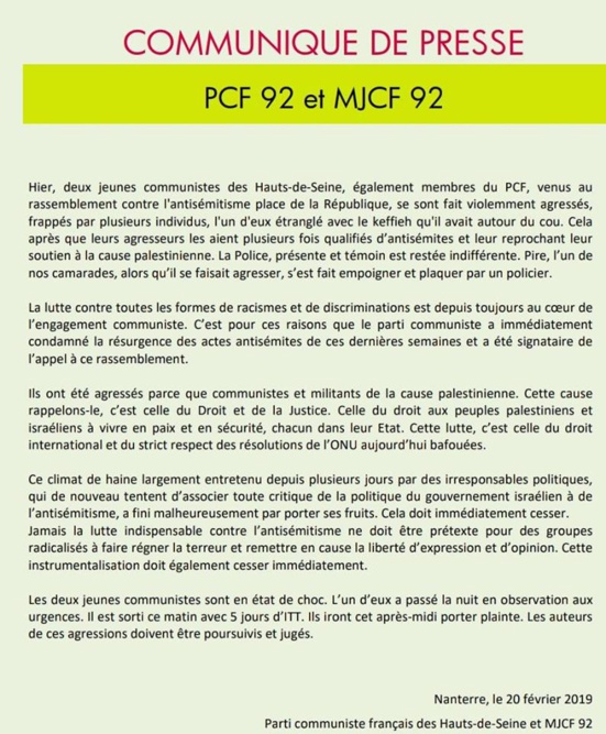 Deux militants PCF des Hauts-de-Seine agressés au rassemblement contre l’antisémitisme