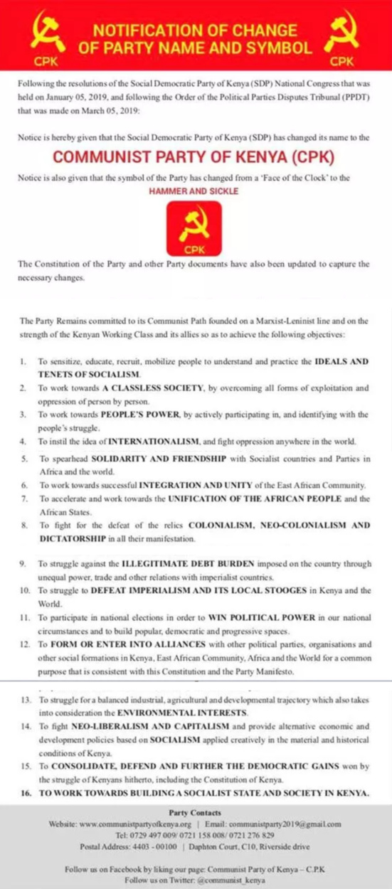 Le Parti Social-démocrate du Kenya devient le Parti Communiste du Kenya