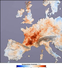 Écart de températures en Europe par rapport à la normale lors de la canicule de 2003