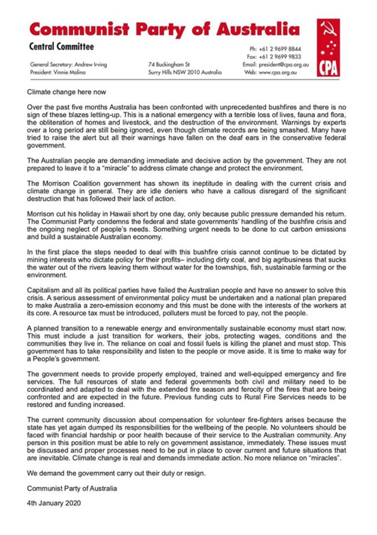 Pour les communistes australiens, il est évident que le gouvernement est responsable des incendies