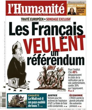 Sondage exclusif l'Humanité ce mardi: les Français veulent un référendum sur le traité européen Sondage exclusif l'Humanité ce mardi: les Français veulent un référendum sur le traité européen