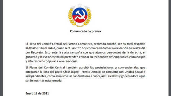 Les communistes chiliens dénoncent la campagne contre Daniel Jadue