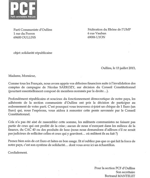 Le PCF d'Oullins envoie un chèque à l'UMP