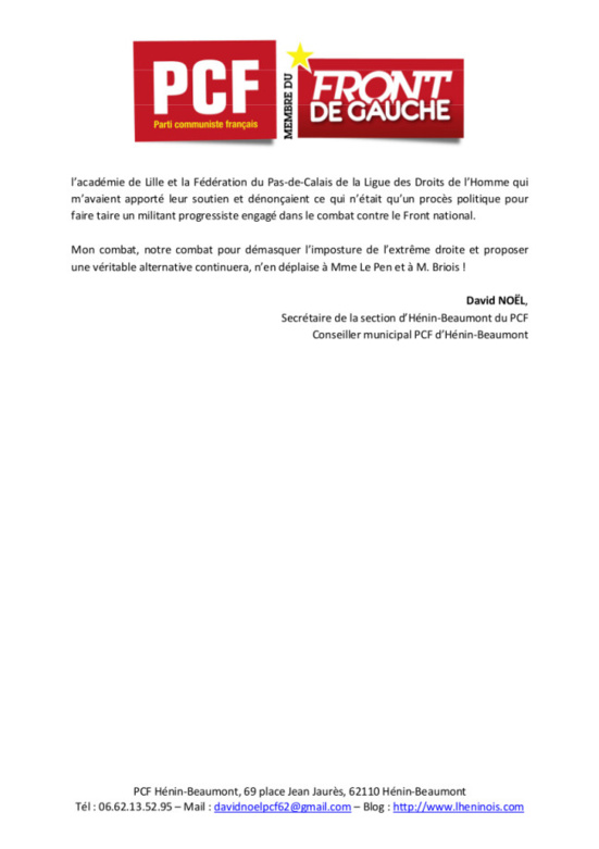 Marine Le Pen perd le procès politique engagé contre le secrétaire du PCF d'Hénin-Beaumont