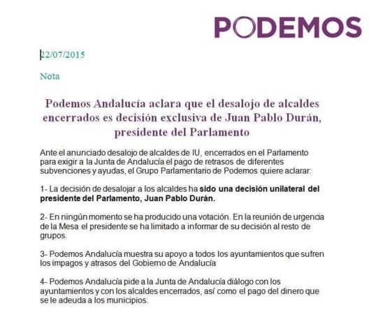 PP/PSOE et Podemos font expulser 45 maires communistes (IU) du Parlement andalou