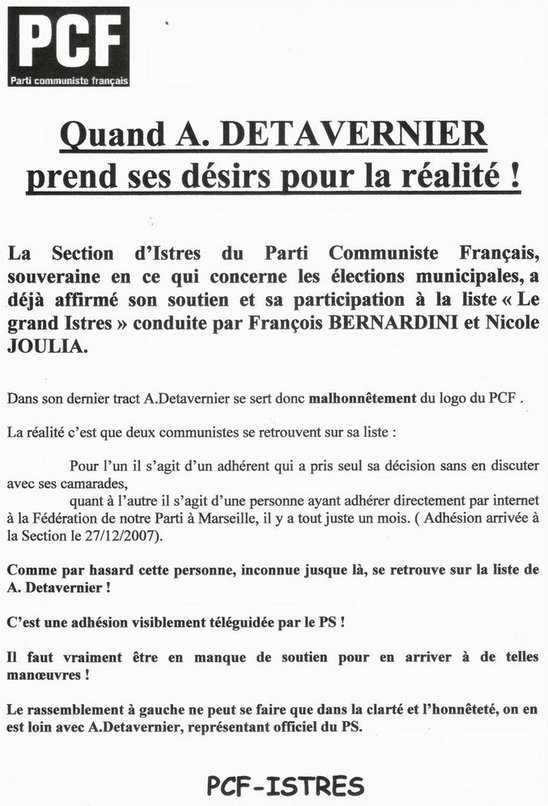 Municipales d'Istres: tract du PCF