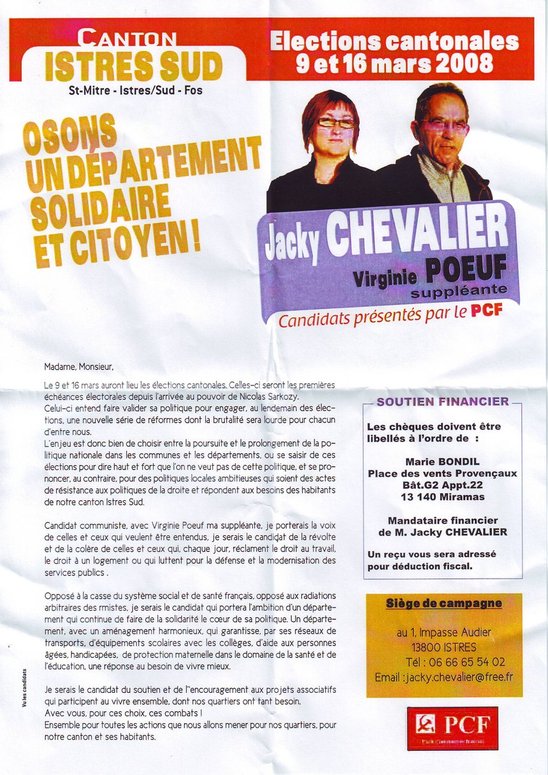 Canton Istres-Sud: Jacky Chevalier et Virginie Poeuf candidats du renouveau