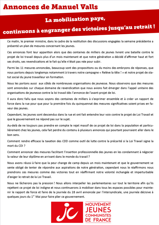 Après les annonces de Valls pour la jeunesse, étudiants et lycéens toujours opposés à la loi travail