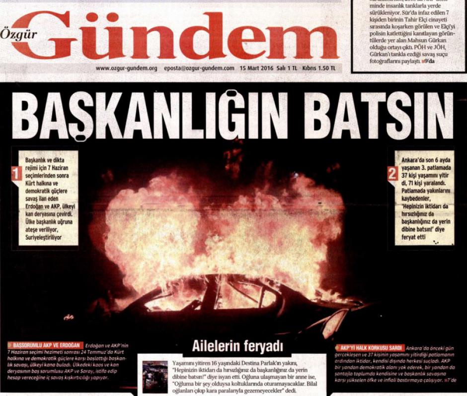 Interdiction du journal turc Özgür Gündem : "La répression d'Erdogan doit être unanimement condamnée"