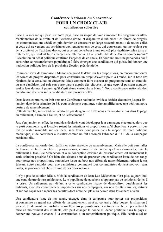 Présidentielles/Conférence nationale du PCF du 5 novembre : "Pour un choix clair"