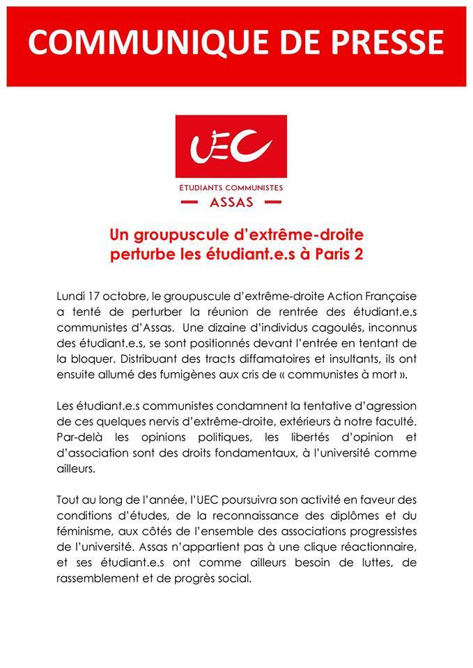 Solidarité avec nos camarades de l'UEC Assas. Jamais nous ne nous plierons face à ces ligues fascistes Solidarité avec nos camarades de l'UEC Assas. Jamais nous ne nous plierons face à ces ligues fascistes