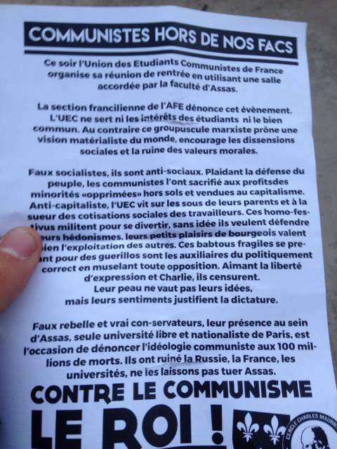 Solidarité avec nos camarades de l'UEC Assas. Jamais nous ne nous plierons face à ces ligues fascistes