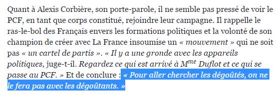 "Pour aller chercher les dégoûtés, on ne le fera pas avec les dégoûtants" Alexis Corbières à propos du PCF