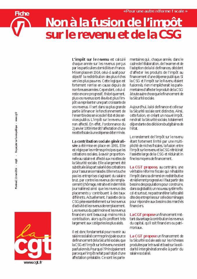 Fusionner la CSG et l'impôt sur le revenu, la CGT dit NON Fusionner la CSG et l'impôt sur le revenu, la CGT dit NON