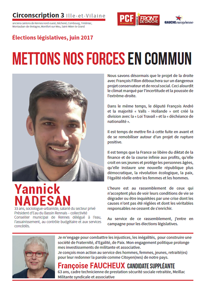 Yannick Nadesan (PCF) candidat dans la 3e circonscription de l'Ille et Vilaine (35)