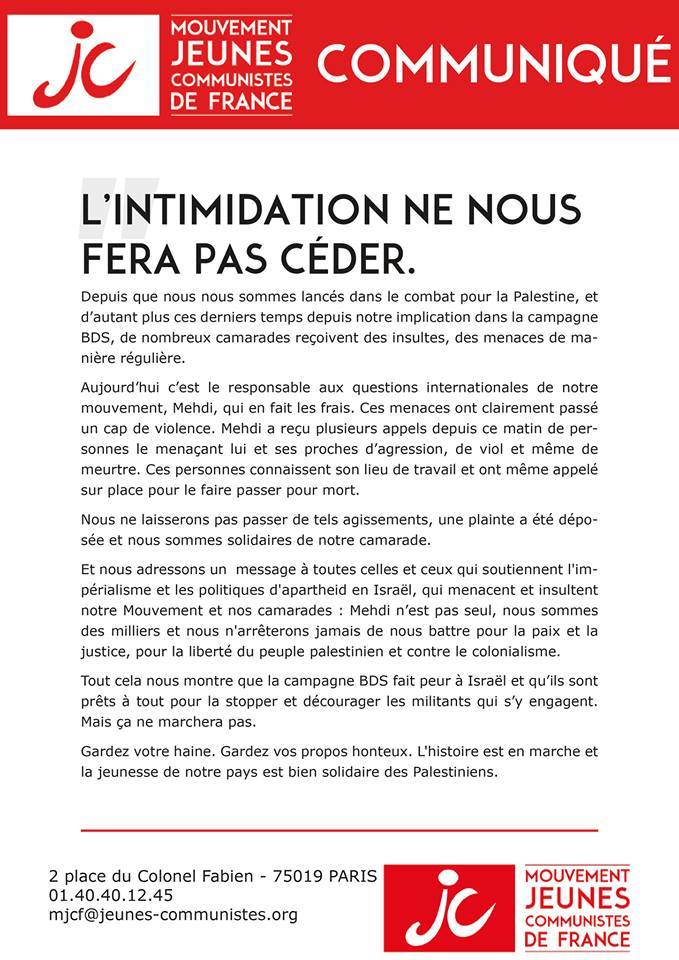 Soutien à notre camarade Mehdi (MJCF) qui subit menace et déferlement de haine parce qu'engagé pour la Palestine Soutien à notre camarade Mehdi (MJCF) qui subit menace et déferlement de haine parce qu'engagé pour la Palestine