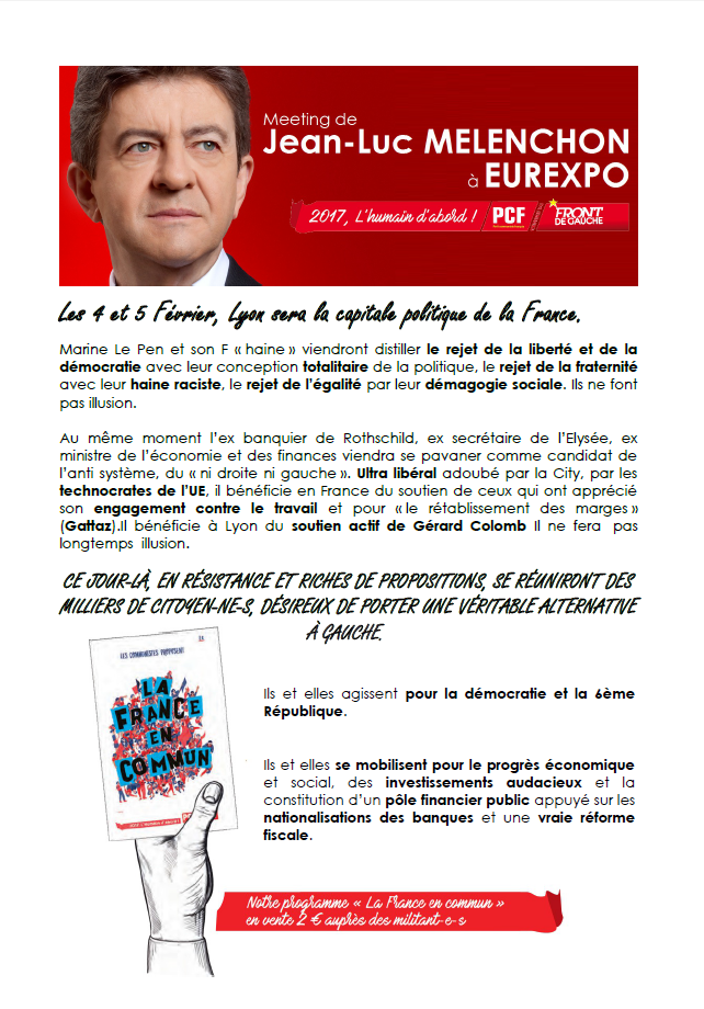 Les communistes du Rhône (PCF) appellent au meeting de Jean-Luc Mélenchon du 5 février