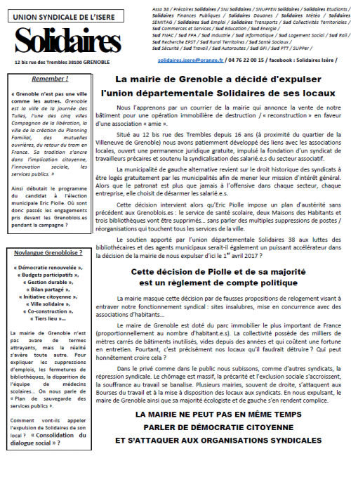 La mairie (EELV-PG/France insoumise) de Grenoble a décidé d’expulser l’UD Solidaires de ses locaux