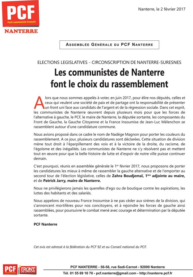 Zahra Boudjemaï (app-PCF) et Patrick Jarry (ex-Gauche citoyenne) pour succéder à Jacqueline Fraysse Zahra Boudjemaï (app-PCF) et Patrick Jarry (ex-Gauche citoyenne) pour succéder à Jacqueline Fraysse