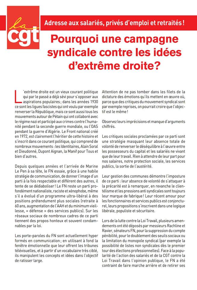La CGT s'engage contre l'extrême droite et les dangers du FN