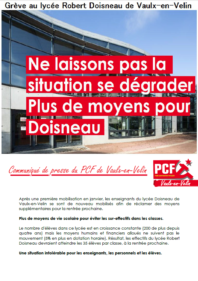 Plus de moyens pour le lycée Robert Doisneau à Vaulx-en-Velin (PCF)