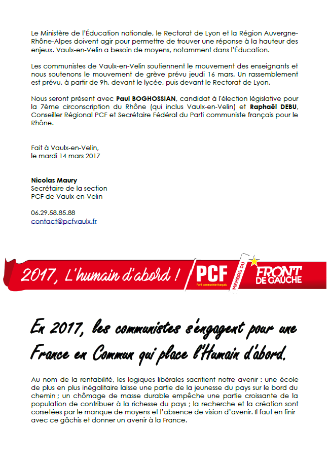 Plus de moyens pour le lycée Robert Doisneau à Vaulx-en-Velin (PCF)