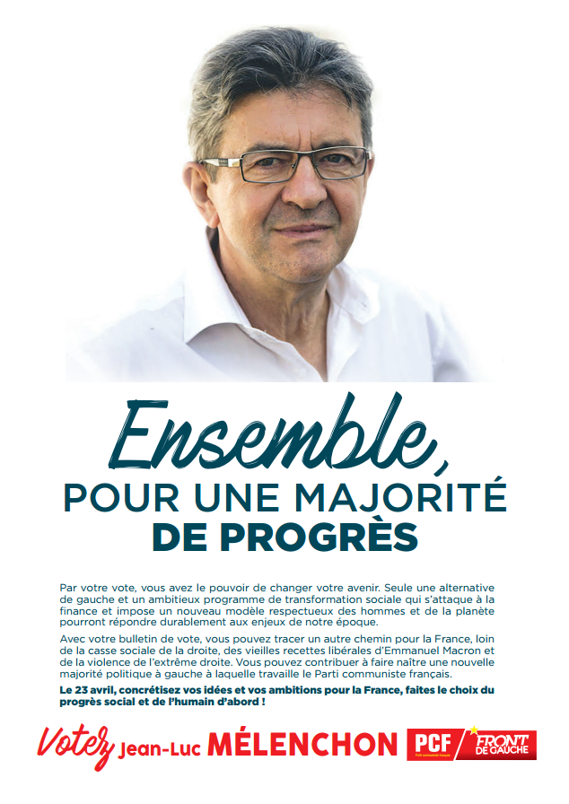 Ensemble, pour une majorité de progrès (tract du PCF appelant à voter Jean-Luc Mélenchon)