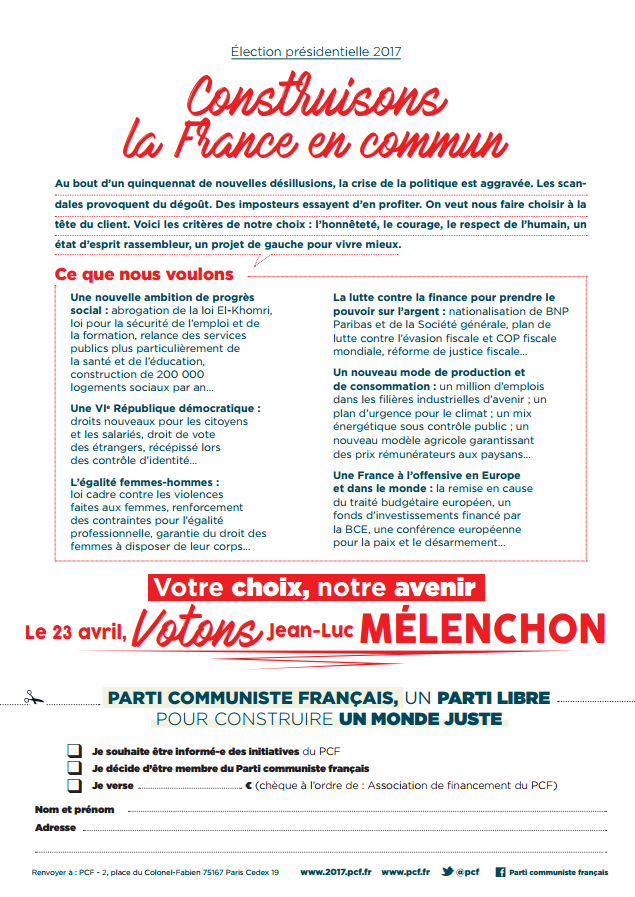 Ensemble, pour une majorité de progrès (tract du PCF appelant à voter Jean-Luc Mélenchon) Ensemble, pour une majorité de progrès (tract du PCF appelant à voter Jean-Luc Mélenchon)