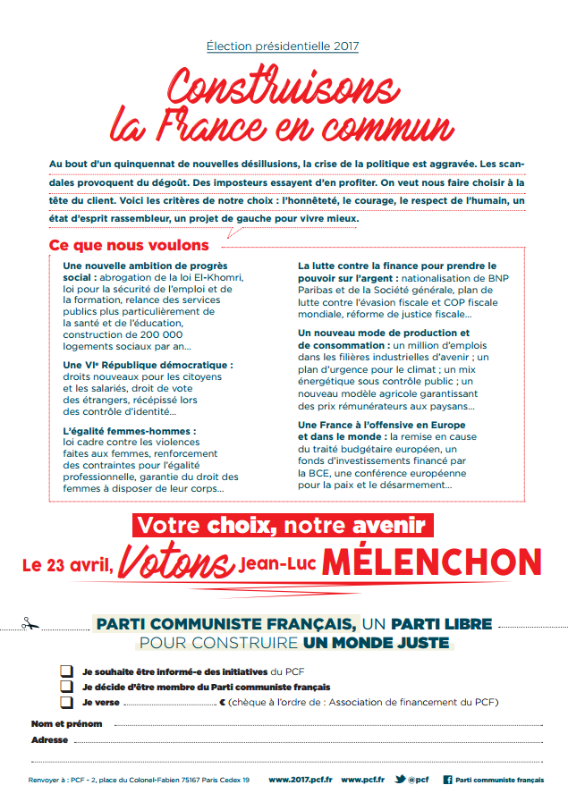 Ensemble, pour une majorité de progrès (tract du PCF appelant à voter Jean-Luc Mélenchon)