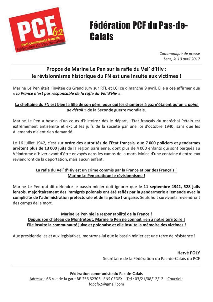 Les communistes du Pas-de-Calais (PCF 62) condamnent les propos de Marine Le Pen