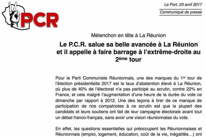 Le PCR salue la belle avancée de Jean-Luc Mélenchon à La Réunion
