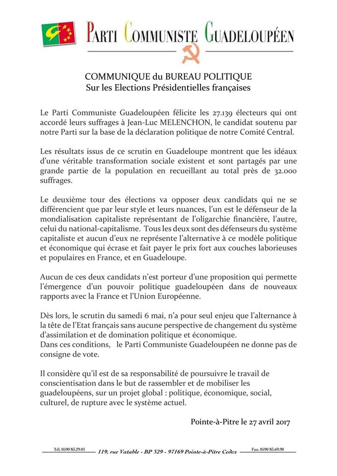 Les communistes guadeloupéens (PCG) ne donneront aucune consigne de vote Les communistes guadeloupéens (PCG) ne donneront aucune consigne de vote