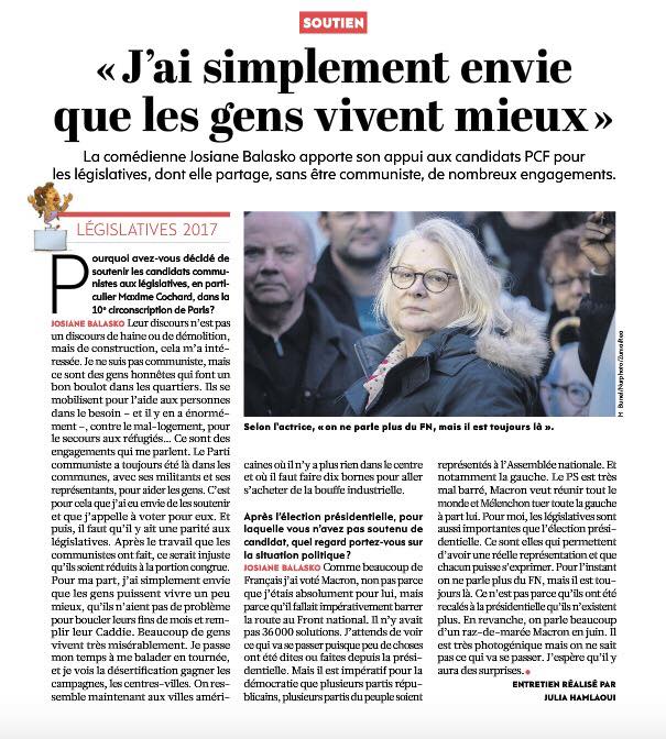 Josiane Balasko s'engage auprès des candidats du Parti Communiste Français