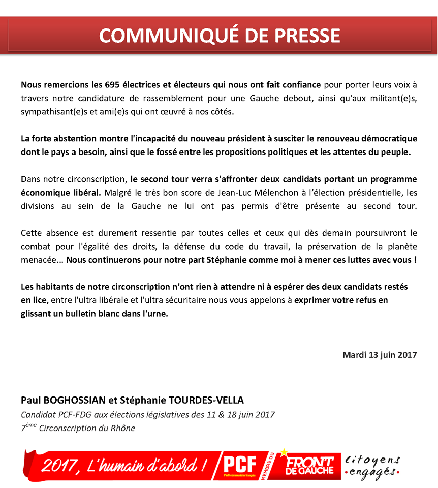 7ème circonscription du Rhône : Les communistes appellent au vote blanc
