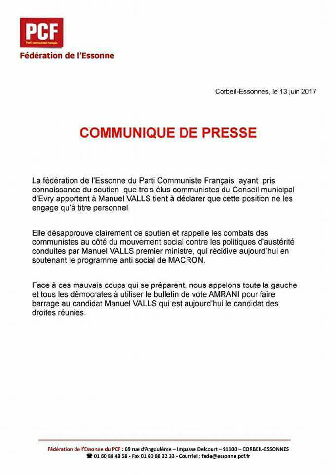 Le PCF soutient bien Farida Amrani (FI) et non Manuel Valls Le PCF soutient bien Farida Amrani (FI) et non Manuel Valls